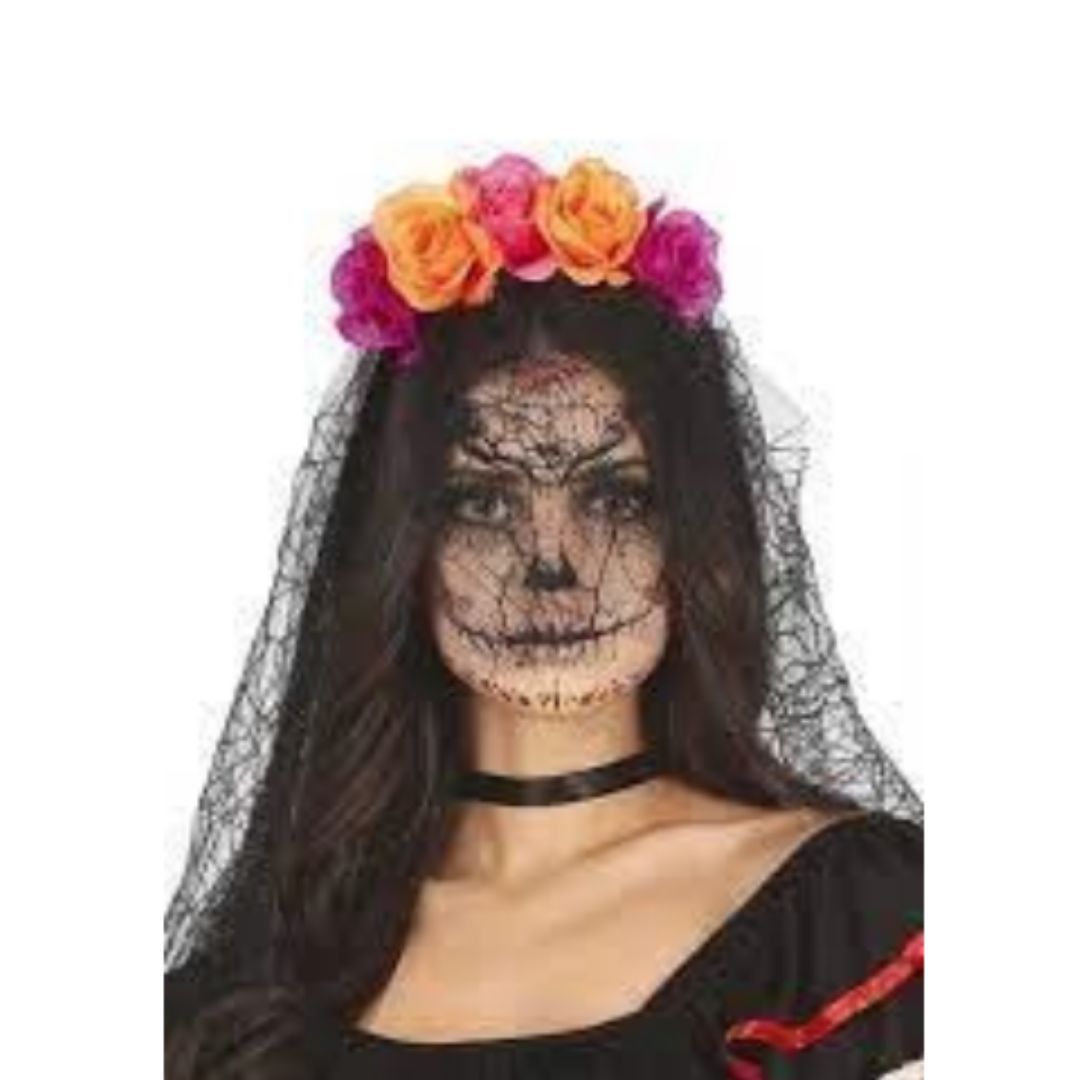 Velo Negro De Catrina Con Flores